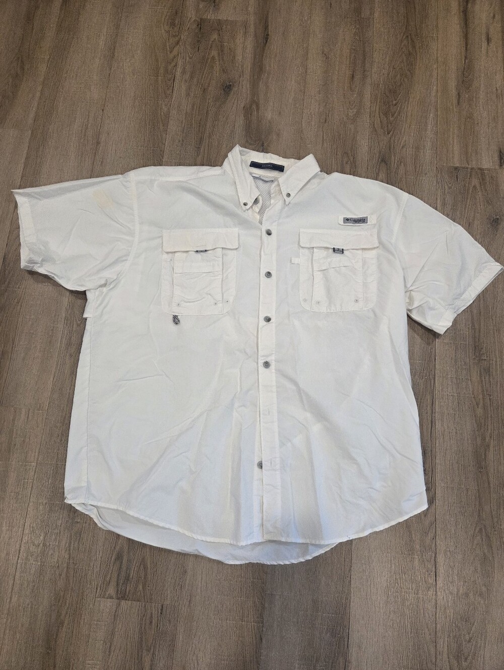 Columbia Bahama PFG Mens Large White Short Sleeve Fishing Shirt Omni-Shade SPOT